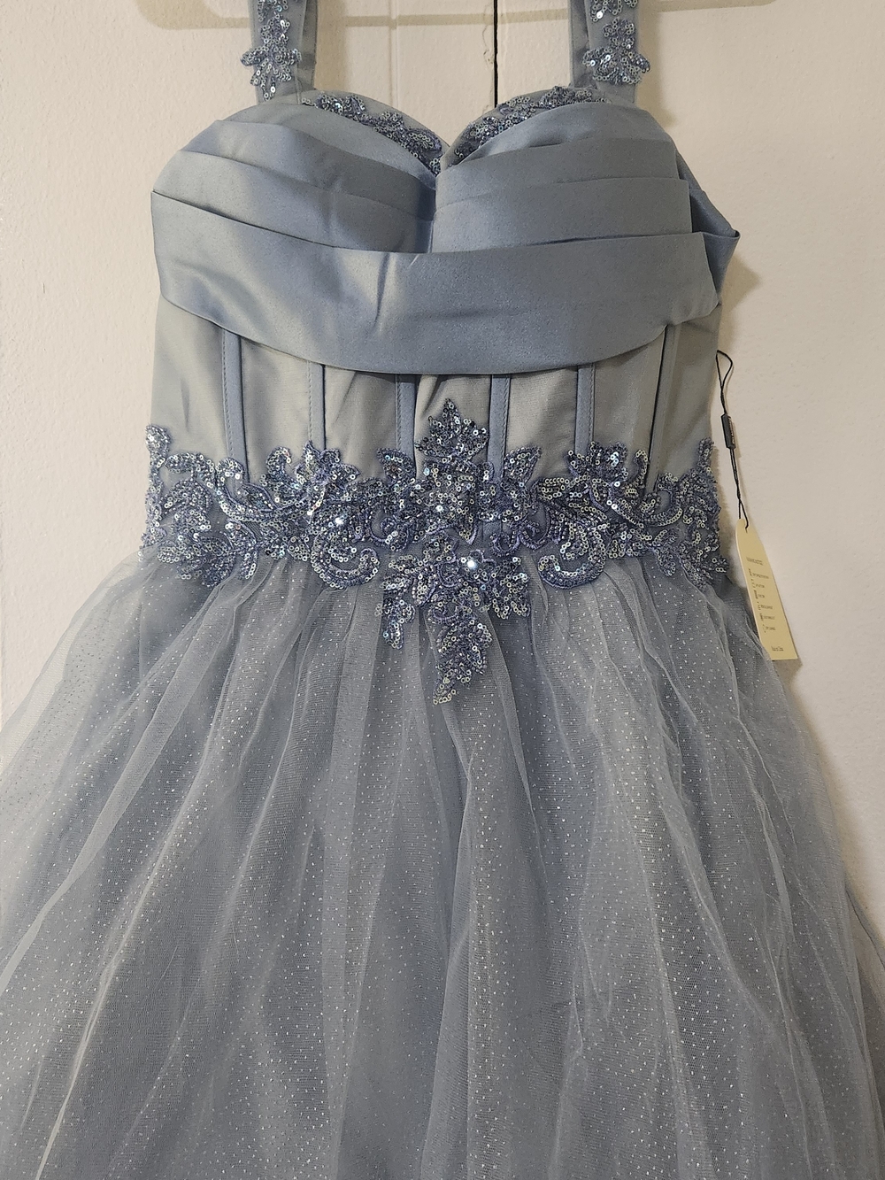 Satin & Tulle Dusty Blue Party Mini Dress - Picture 4 of 16